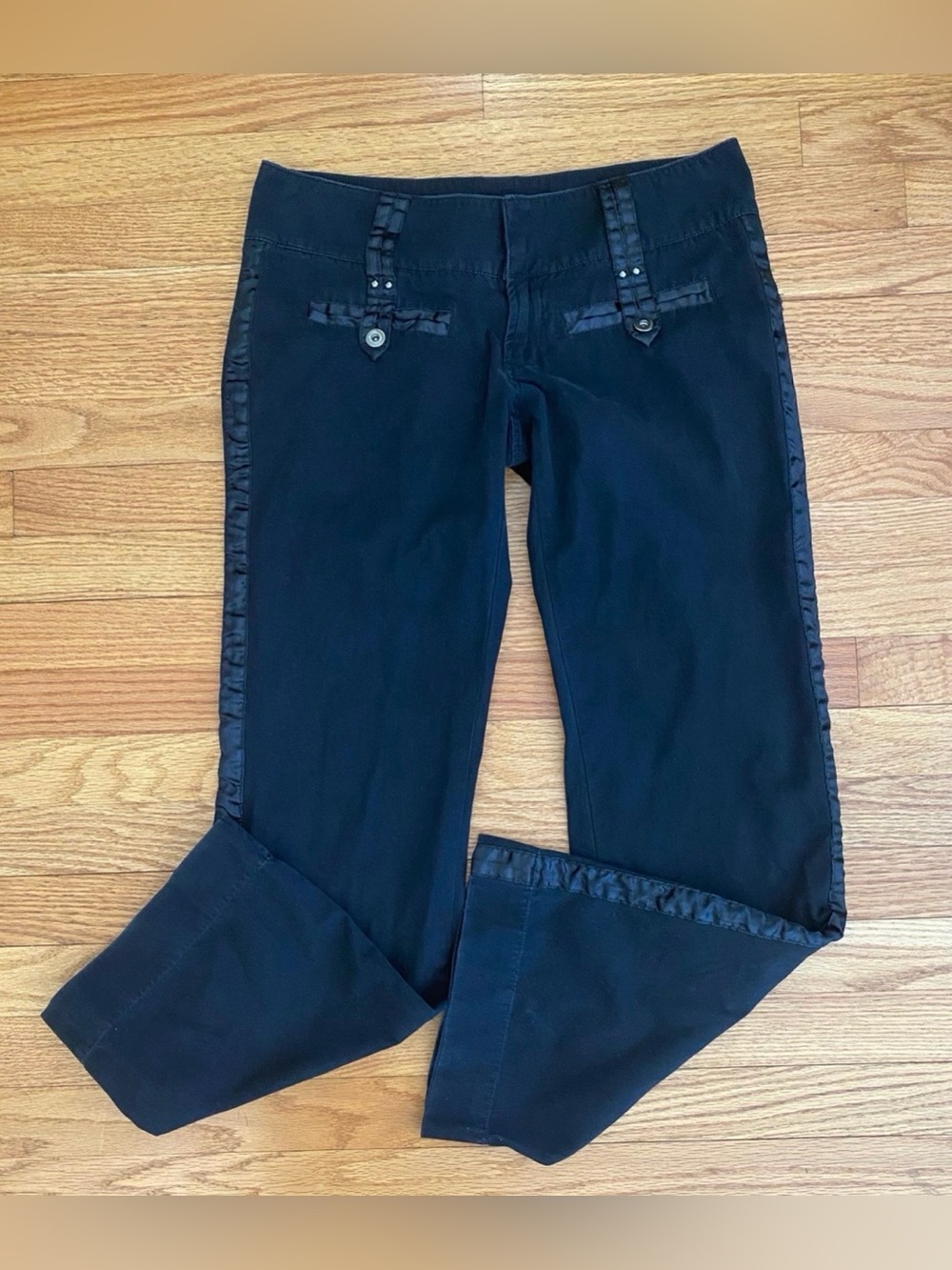 Wet Seal Pants Women’s Juniors Sz 7 Washed Black Wide Leg Satin Trim Y2K 90s